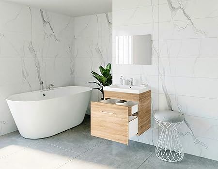 Waschtisch + Spiegel Badmöbel Set 60cm für Badezimmer WC (Sonoma Eiche