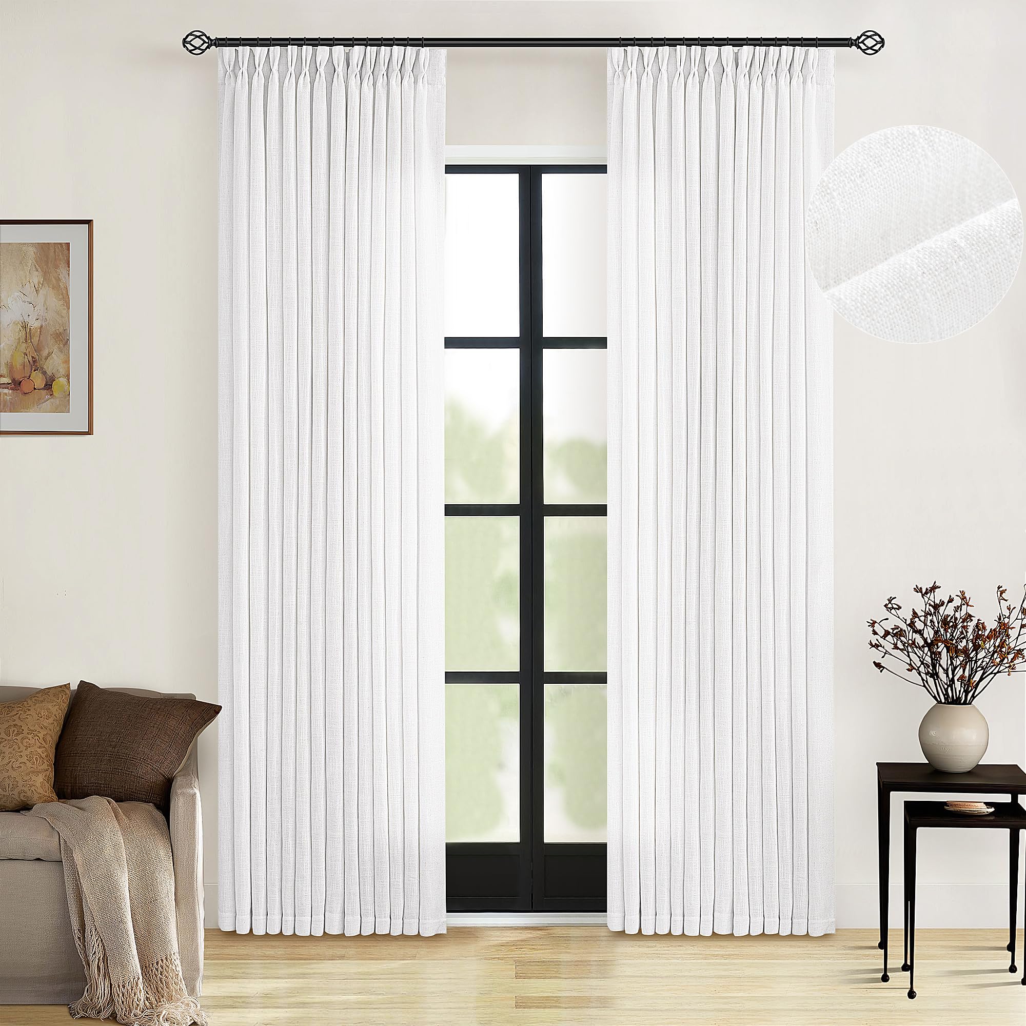 Photo 1 of White Linen Pinch Pleated Curtains 84 Inches Long 2 Panels for Living Room Bedroom Snow White Textured Linen Pleated Hooks Rings Back Tab Elegant Luxury Light Filtering Curtain Drapes 84 Inch Length