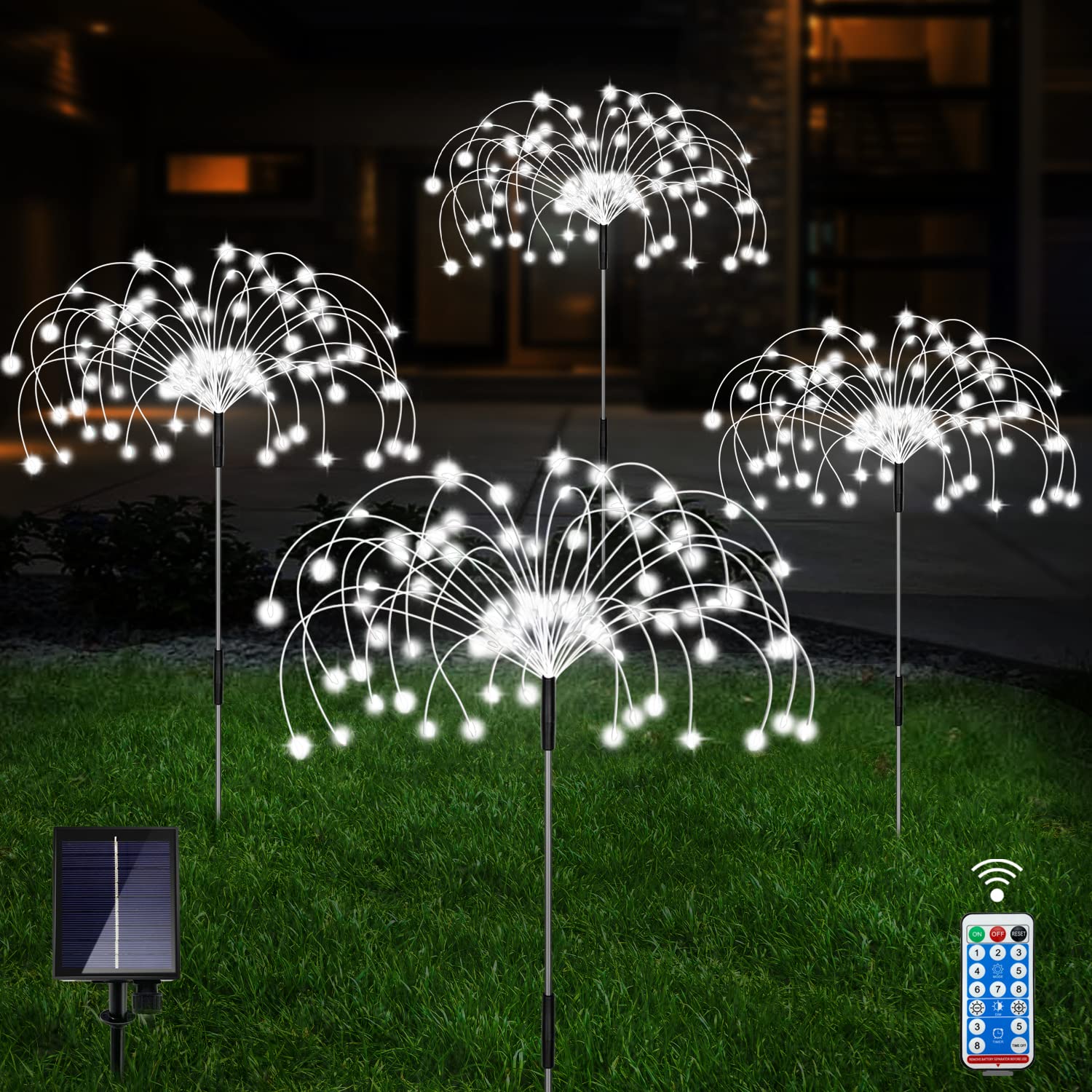 Photo 1 of Unihoh Solar Garden Lights Outdoor, 4 Pack 120 LED Waterproof Decorative String Lights 8 Modes with Remote DIY Outdoor Decor for Pathway Walkway Yard (Cool White)