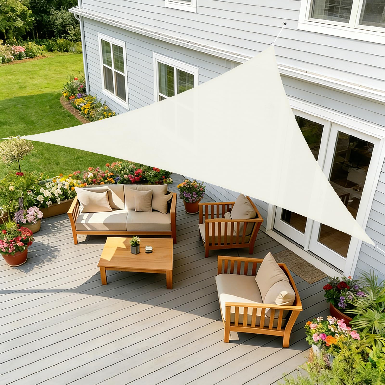 HENG FENG Sun Shade Sail Triangle 3.6x3.6x3.6m Waterproof PES Polyester Canopy Awning Sunscreen with 95% UV Block for Outdoor Patio Garden Beige
