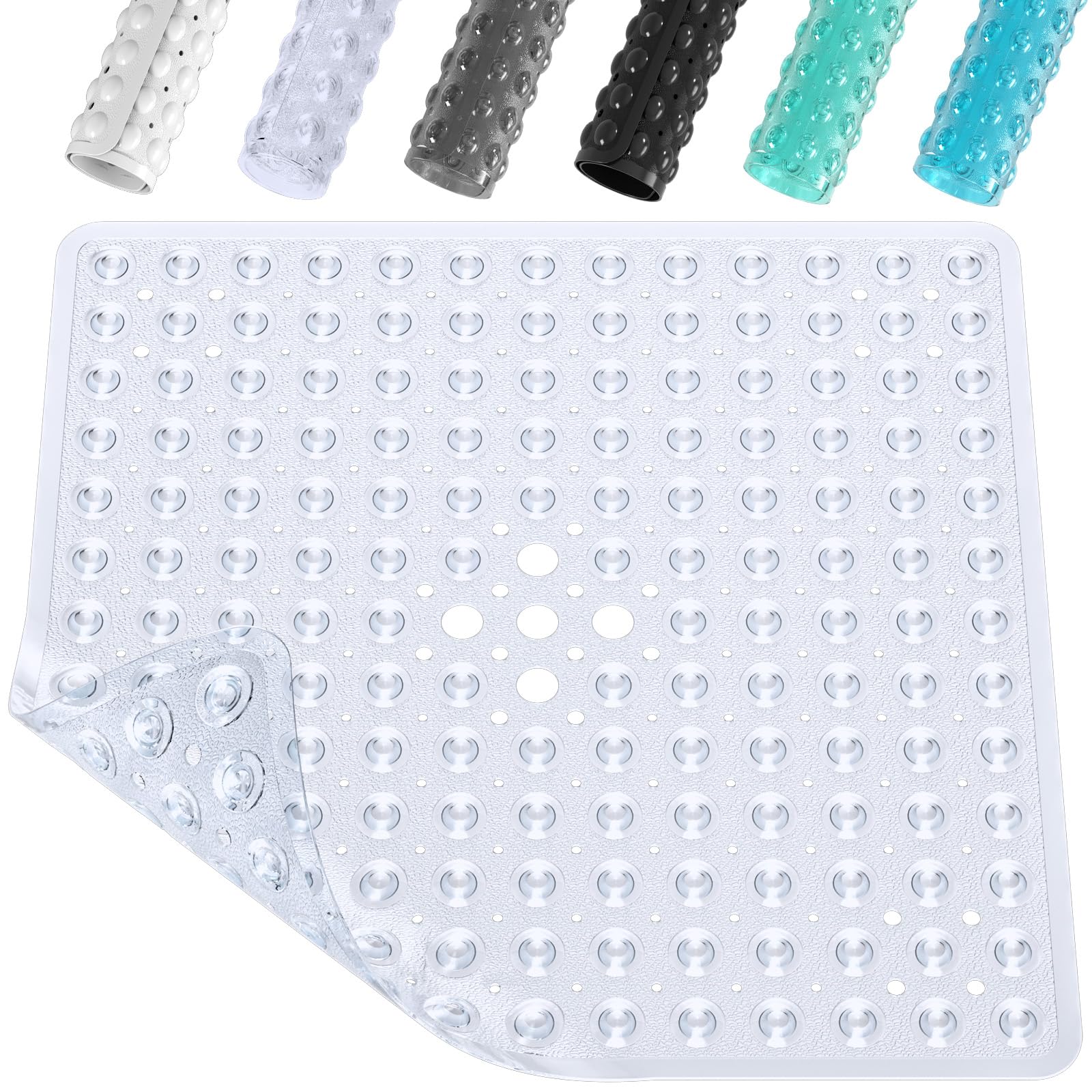 XIYUNTE Shower Mat Non Slip Anti Mould - 53 x 53cm Square Bath Mat Non Slip Shower Mats for Inside Shower, Anti Slip Shower Mat with Strong Suction Cups & Drain Holes, Machine Washable, Clear