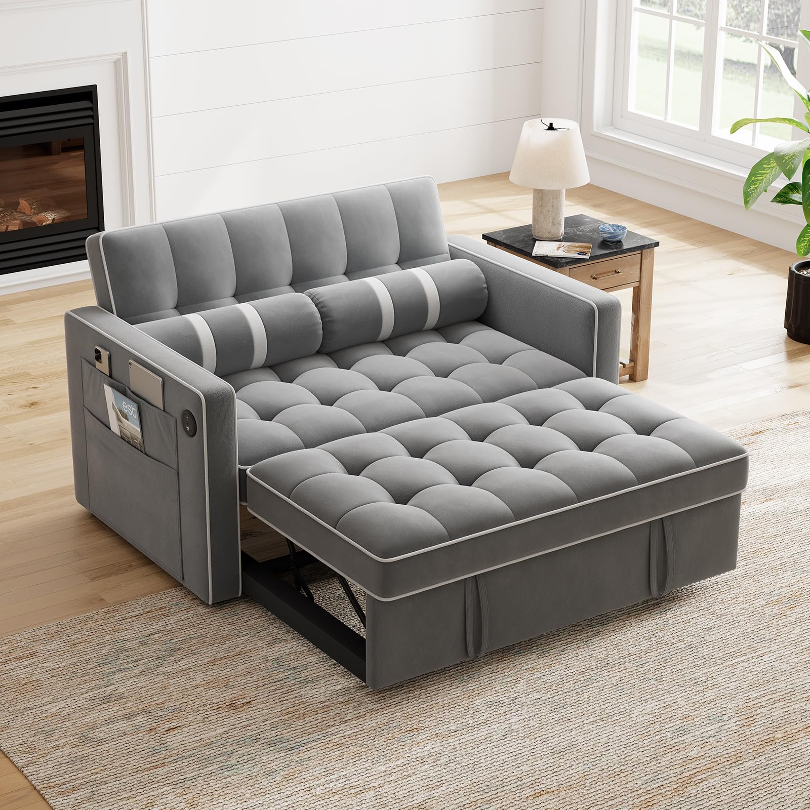Photo 1 of **ONYL BOX 2, NO BOX 1**Marsail 3-in-1 Convertible Futon Sofa Bed with USB Charging Port & Adjustable Backrest, Velvet Loveseat with Side Pockets, Pull Out Sleeper Couch Suitable for Small Spaces, Grey