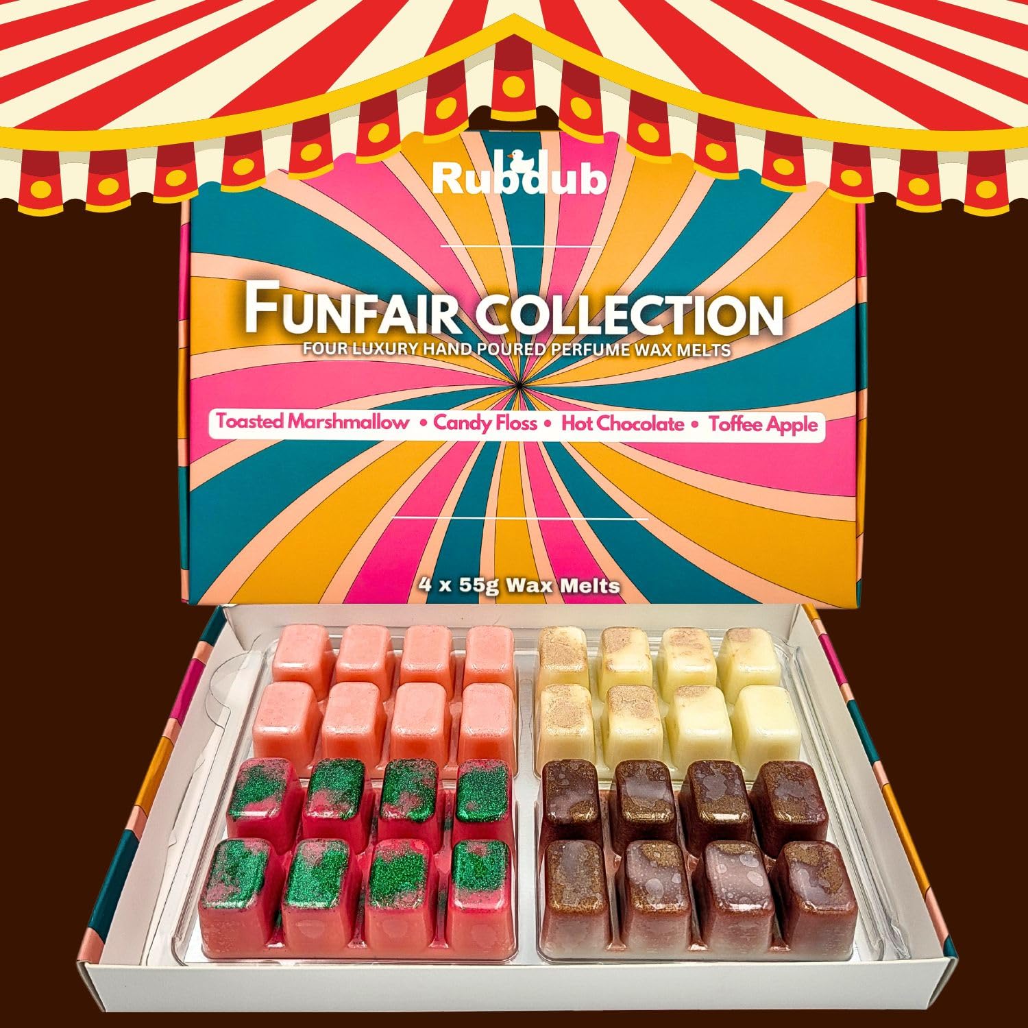 Rubdub Funfair Wax Melts Gift Set – 4 x 55g XL Soy Wax Melts (220g Total) – Candy Floss, Hot Chocolate, Toasted Marshmallow, Toffee Apple – Strong Scented & Handmade in Kent
