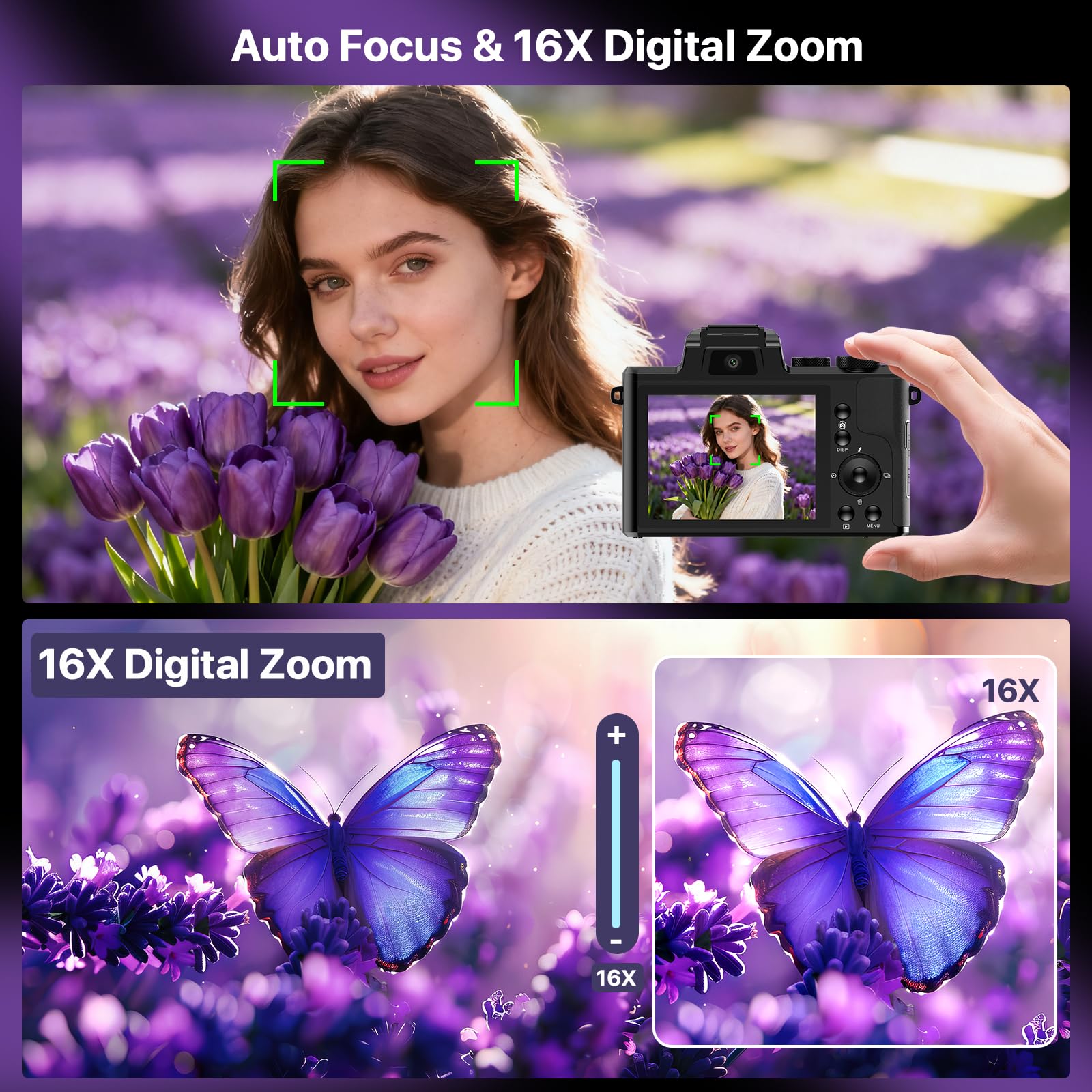 8K Digital Cameras for Photography with WiFi,Autofocus 88MP Vlogging Camera for YouTube with Dual-Lens,16X Digital Zoom Point and Shoot Camera,3.2''Touch Screen, Anti-Shake,2 Batteries &Charging Stand