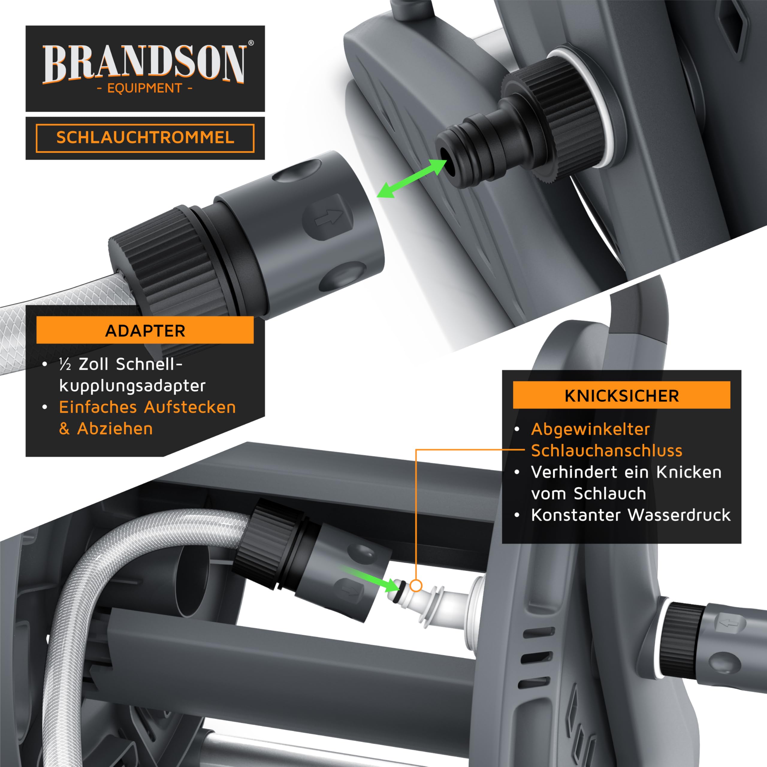 Brandson - Schlauchtrommel 20m Schlauch – Gartenschlauch Trommel Set 1/2 Zoll inkl. Anschluss 3/4 Zoll - 2 m Zuleitung – Schlauchbox mit Wandhalterung - Drehkurbel- Reinigungsspritze 4