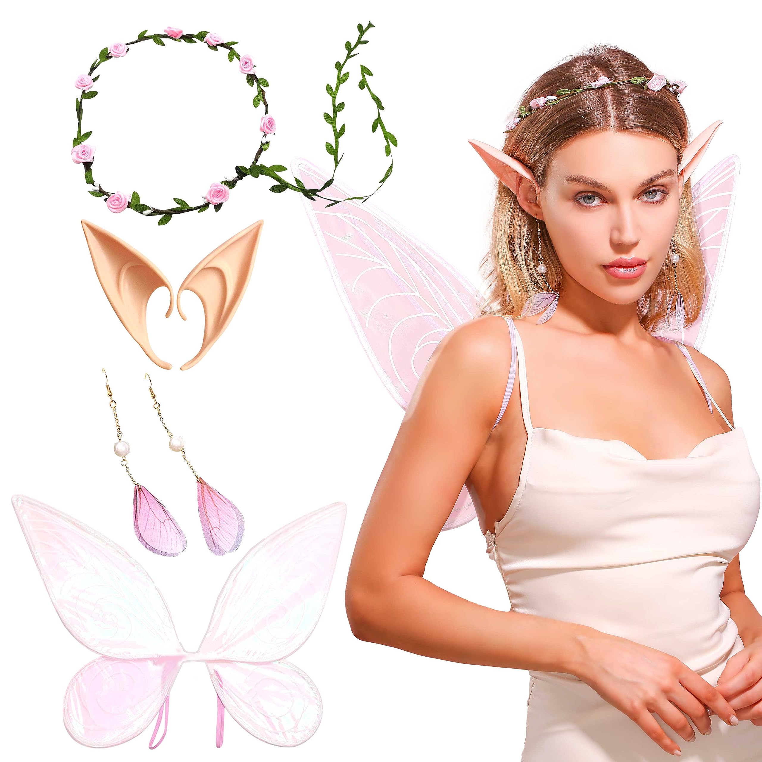 JeVenis Pink Fairy Wings for Adults Fairy Costume Women Fairy Elf Ears Floral Headband Crown Fairy Wings Earrings