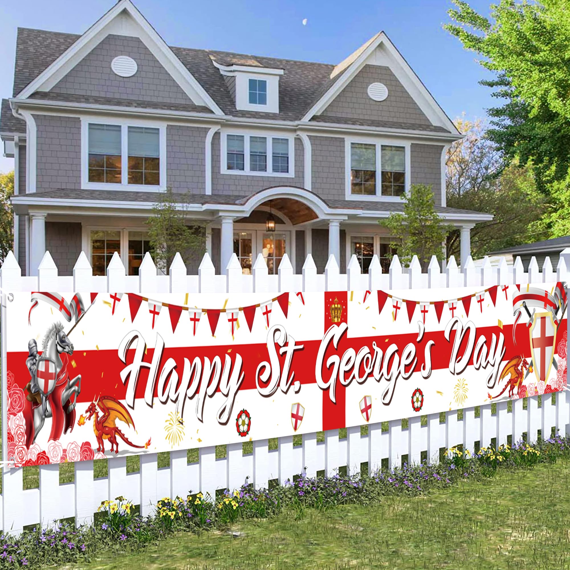 St. Georges Day Banner Decorations - 274cm Long England National Day Banner, Red White Happy St George's Day Decor Flag for Patriotic Themed Celebrations Party Outdoor Indoor — image 1