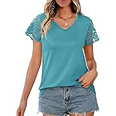 Desol Womens Summer Lace Tops Trendy 2025 Short Sleeve Tshirts Shirts Business Casual V Neck Blouses Summer Clothes