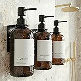 Stylish Shampoo &amp; Conditioner Dispenser Set of 3 - Wall Mount, Drill Free | Modern 21oz Shower Soap Bottles with Labels - Easy Refill Body Wash Dispensers for an Instant Bathroom Decor Upgrade
