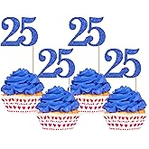 Rsstarxi 36 Pack Number 25 Cupcake Toppers Glitter Cheers to 25 Years Birthday Cupcake Picks Decoration for Happy 25th Birthday Wedding Anniversary Party Cake Decorations Blue