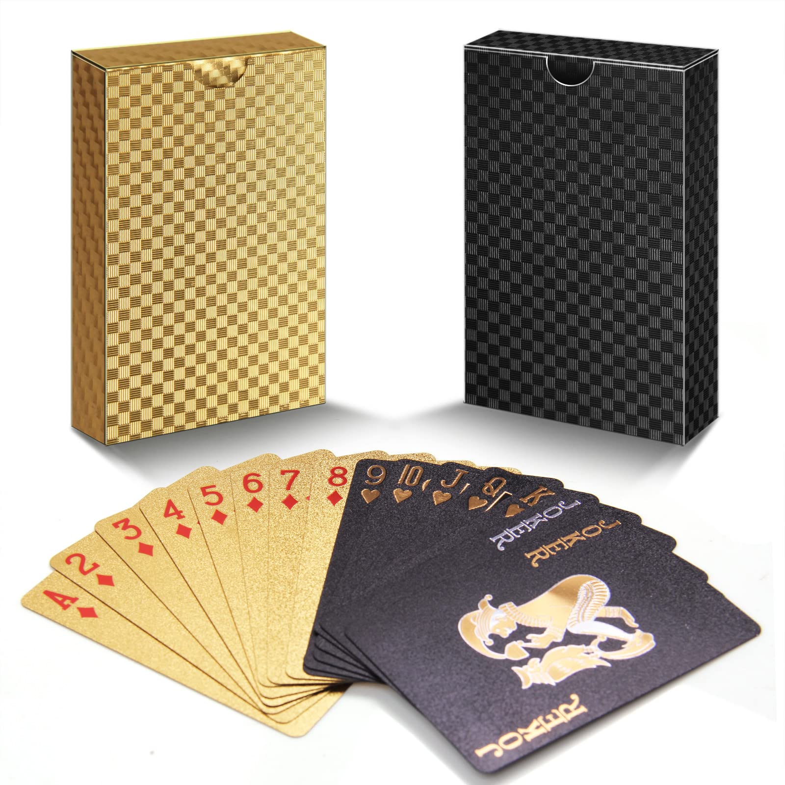 Zidwzidwei Playing Cards 2 Card Decks, Unique Cool Black Poker Waterproof PET Plastic Playing Cards, Premium Card Deck, Standard Size for Children & Adults (Gold & Black)