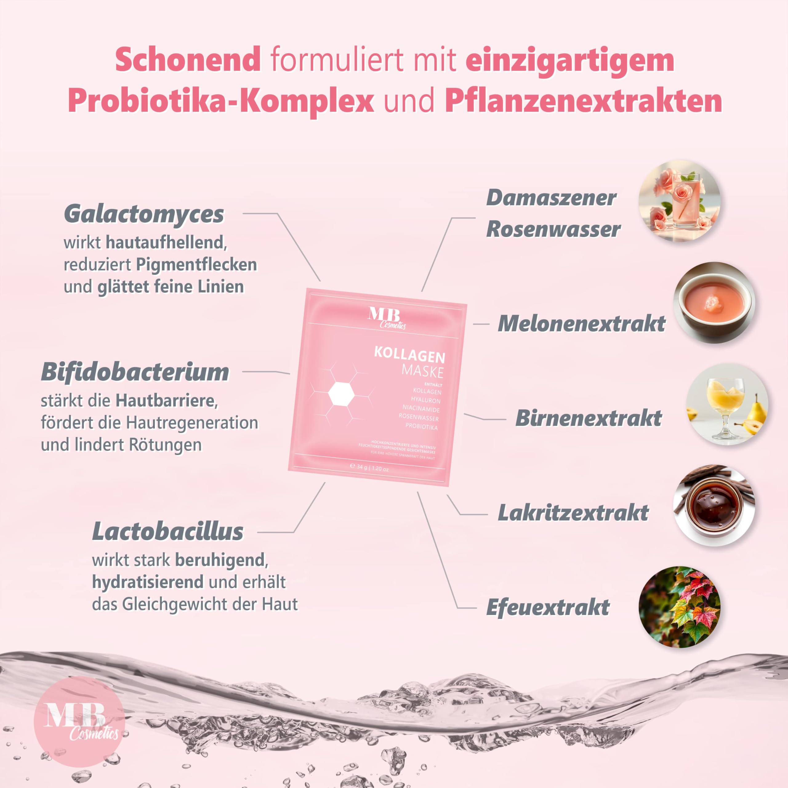 Kollagen Maske mit Hyaluron, Niacinamiden und Probiotika-Komplex für eine straffere Haut. Hydrogel Gesichtsmaske zur Faltenreduktion und Feuchtigkeitspflege. Ultra-hochkonzentriert mit 52.000 ppm. 9