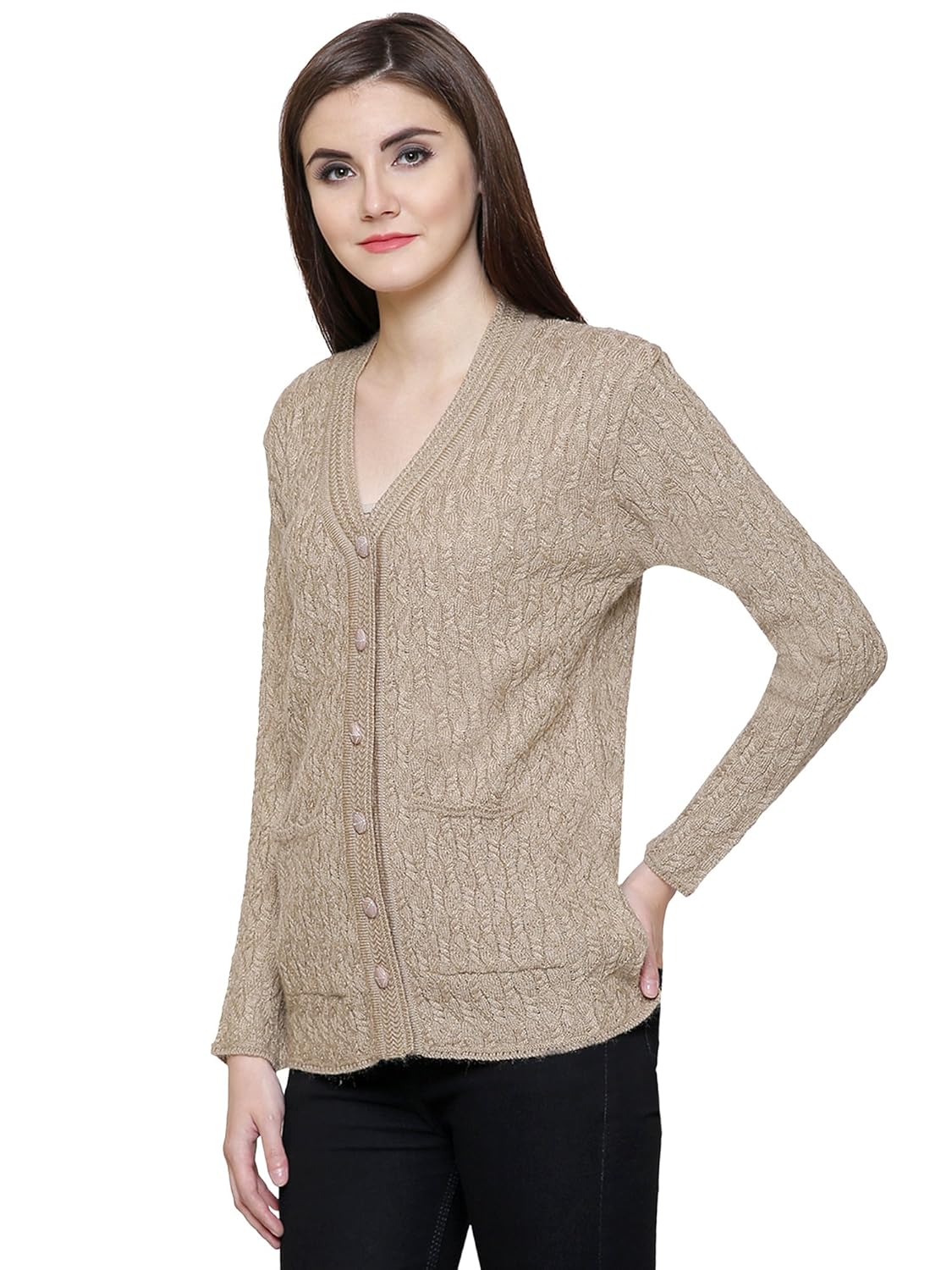 matelco beige women's woollen buttoned v-neck cardigan/sweater for winter