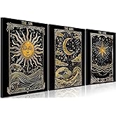 Tarot Celestial Wall Art Set of 3, Dark Black Sun and Moon Star Wall Decor Paintings, Whimsical Witchy Astrology Poster Canvas Prints for Bedroom Living Room 12x16 inch Framed
