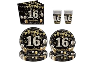 SINGOMON 80PCS Black and Gold 16th Birthday Decorations 16th Birthday Plates and Napkins Disposable Cups Black Plates and Cut