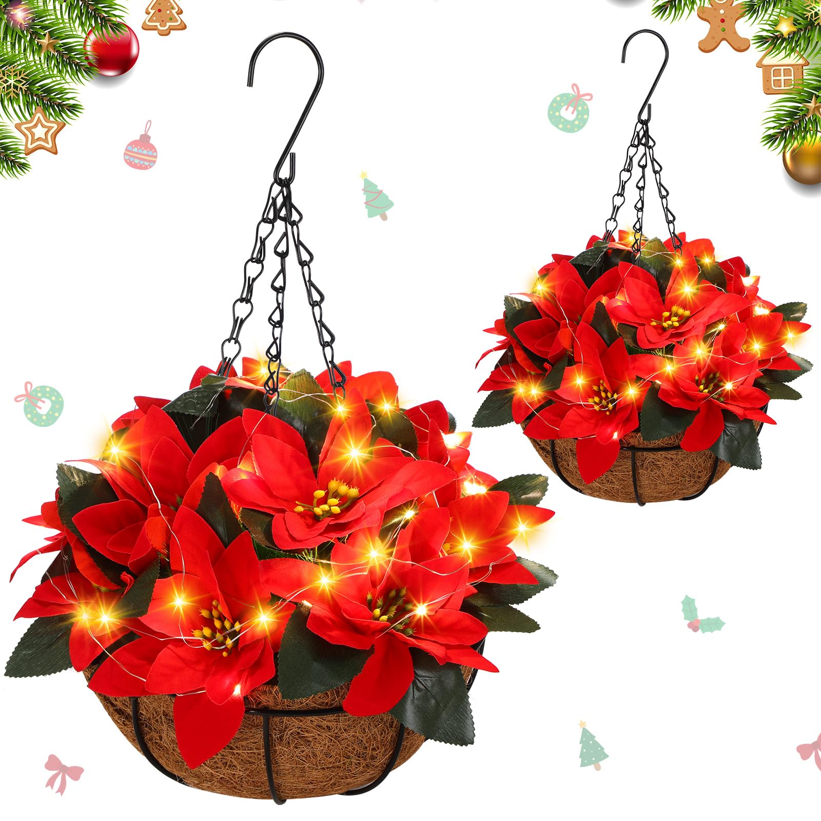 HyDren 2 Pack Pre Lit Artificial Poinsettia Flowers Christmas Hanging ...