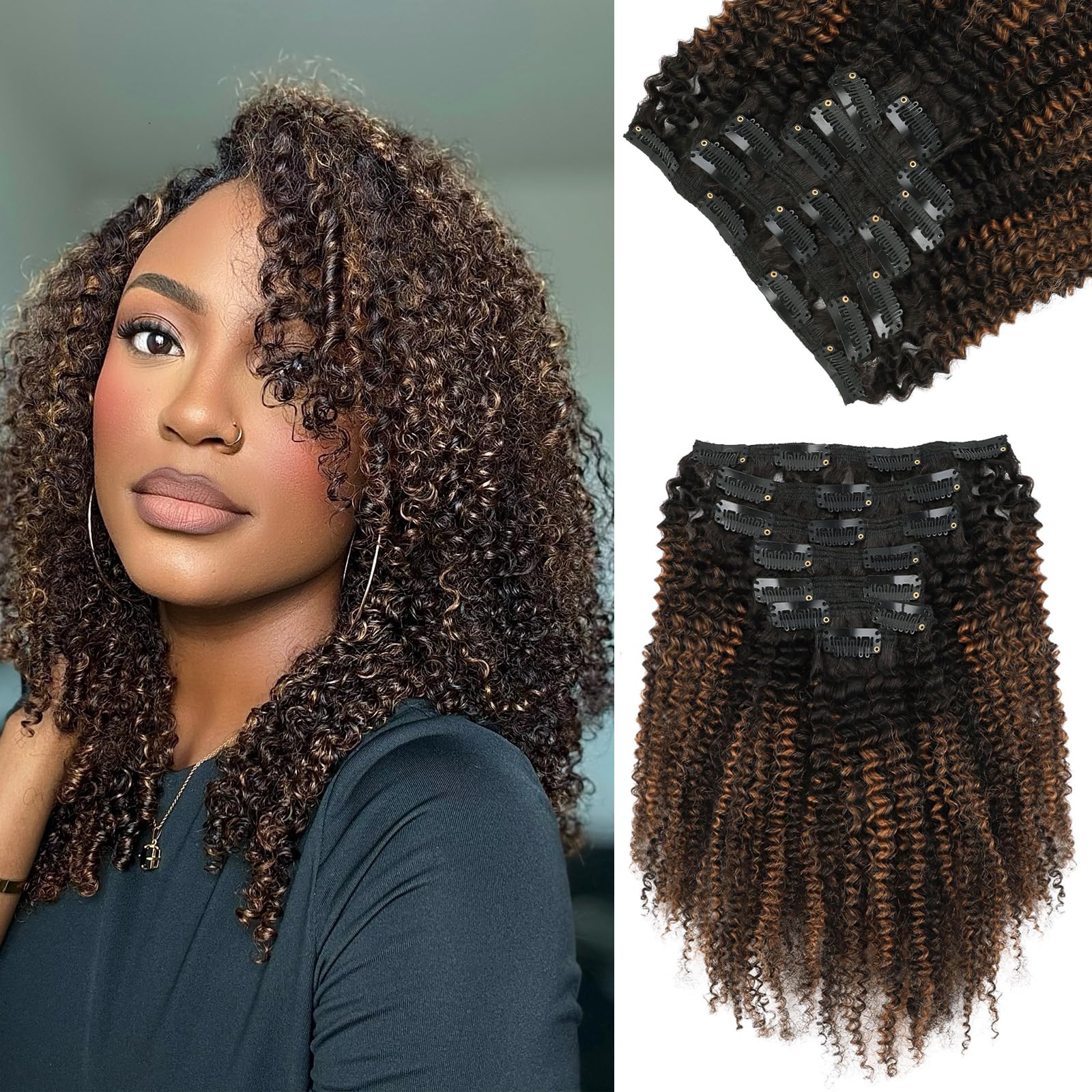 Yuniffe Afro Curly Clip in Human Hair Extensions for Black Women 4A Culry Clip ins Natural Black Color to Black #1B Mixed With Medium Auburn #30 Double Weft Remy Hair Extensions 14 Inch 7Pcs 120g