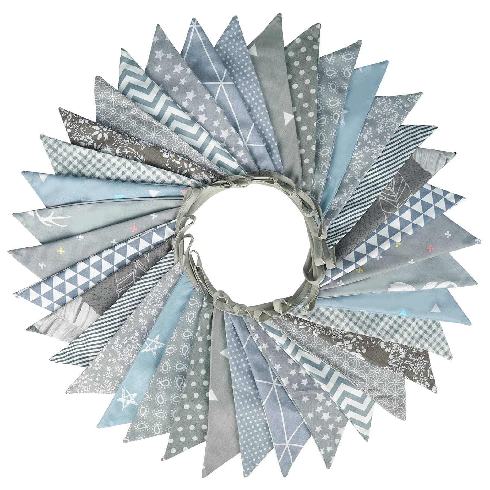 G2PLUS 36PCS Grey Fabric Bunting Banner: 10M Two Layer Triangle Flag Garland, 17x19CM Double Sided Large Floral Pennants for Wedding Birthday Parties Decoration