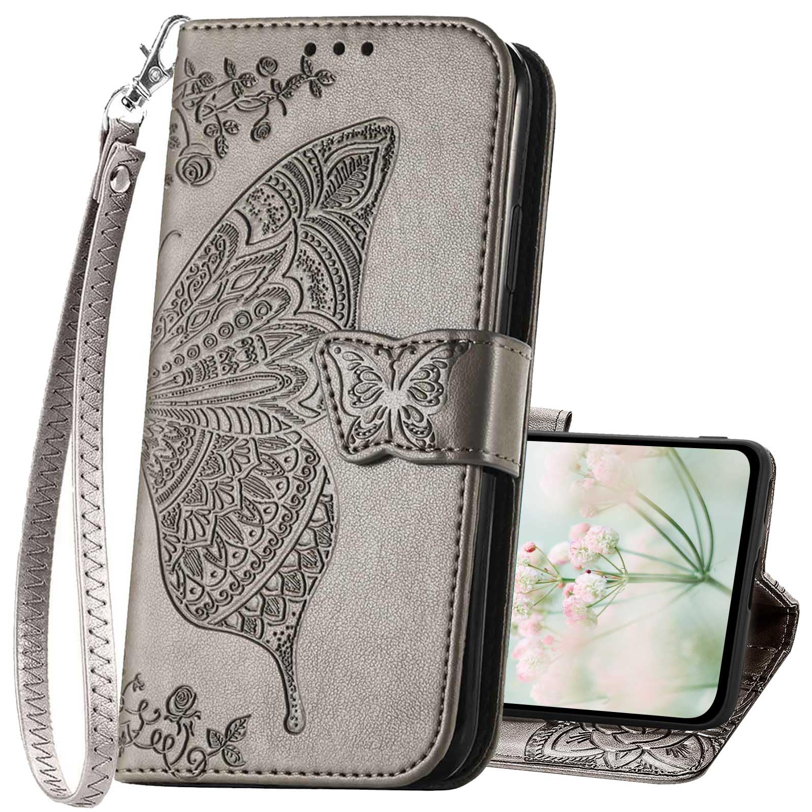 Photo 1 of KRHGEIK for Moto G Power 5G 2025 Case Wallet,Butterfly Embossed Flip PU Leather with Credit Card Holders Stand Wrist Strap Women Purse Protective Phone Cover,6.8 Inch (Gray)