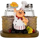Salt and Pepper Shakers Set,Sitting Chef Decorative Statue Spice Organizer,Glass Spice Jars with Holder Figurine Gift for Family,Kitchen,Restaurant, Cafe,Bakery (Bread)