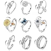 sailimue Anxiety Ring Fidget Ring for Women Men Spinner Fidget Rings for Anti Anxiety Adjustable Open CZ Flower Bead Stress Relieving Spinning Rotatable Rings 9 Pcs