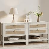 Eclatara Large Rattan Night Stand Set of 2 with 2 Drawers and Storage Shelf | Boho Nightstand White Bedside Table End Table Side Table for Bedroom(Cream White Oak,2 Pieces)