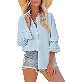 Gleeivy Oversize Striped Button Down Shirts Women Smocked Boyfriend Long Sleeve Blouse Ruffle Casual Tops with Pocket