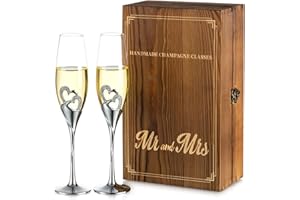 Nuptio Champagne Flutes Glasses Wedding: Personalised Champagne Flute with Wooden Gift Box Crystal Prosecco Glass Set of 2, S