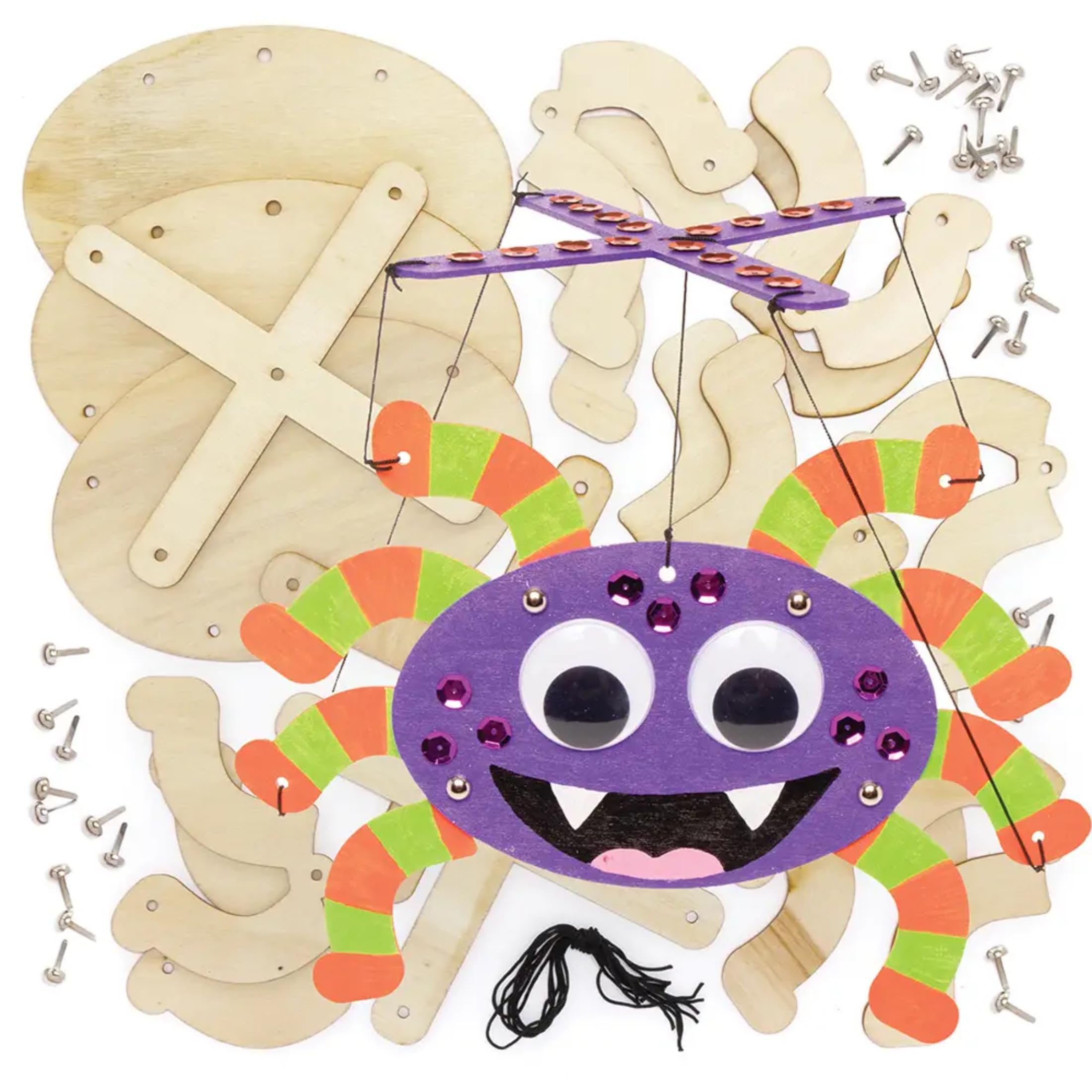 Baker Ross FE690 Spider Wooden Marionette - Pack of 3, Make Your Own Wooden Puppets, Puppets for Kids, Wooden Crafts for Kids to Assemble and Decorate