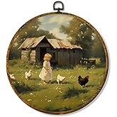 Hiuwevt Vintage Farmhouse Round Wall Art Decor, Cottagecore Country Framed Canvas Prints, Rustic Chicken Round Wall Hanging D