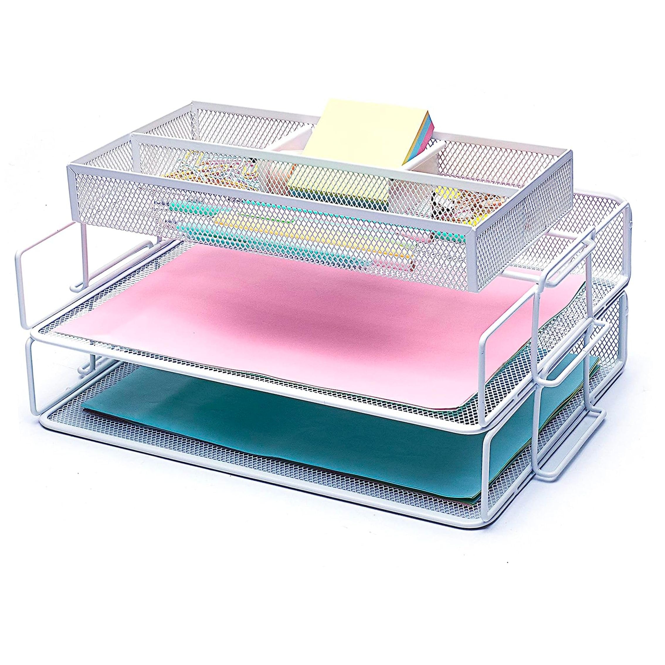 EXERZ Paper Sorters 2pcs with an Accessory Tray, Stackable Letter Trays with Extra Divider Memo Holder On Top, Desk Organiser - Office, School, Home