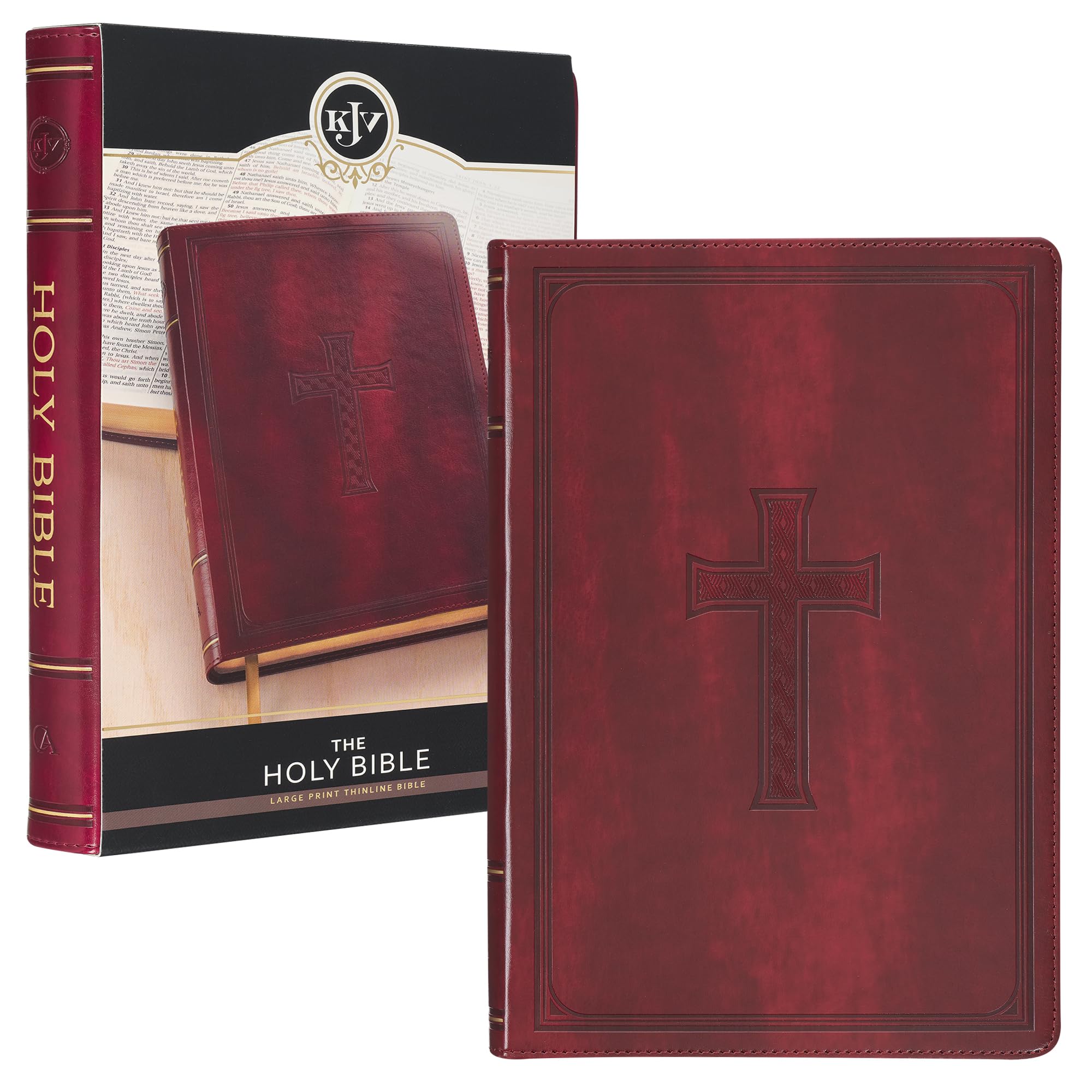 KJV Holy Bible, Thinline Large Print Faux Leather Red Letter Edition Thumb Index, Ribbon Marker, King James Version, Burgundy, Cross Emblem (KJV Thinline LP Editions) KJV Holy Bible, Thinline Large Print Faux Leather Red Letter Edition Thumb Index, Ribbon Marker, King James Version, Burgundy, Cross Emblem (KJV Thinline LP Editions) Imitation Leather