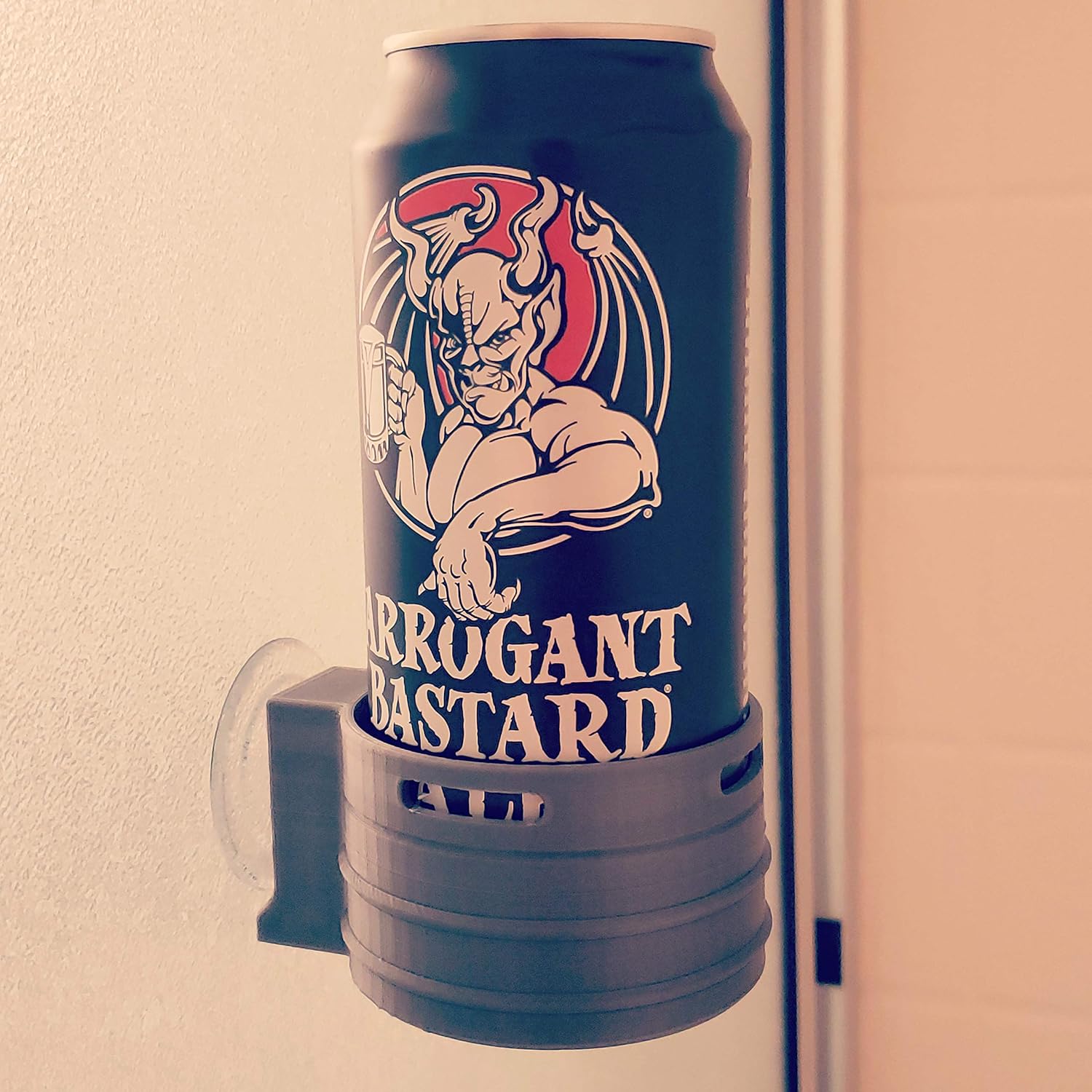 The Shower Bro Mini Keg suction cup mounted beer holder for