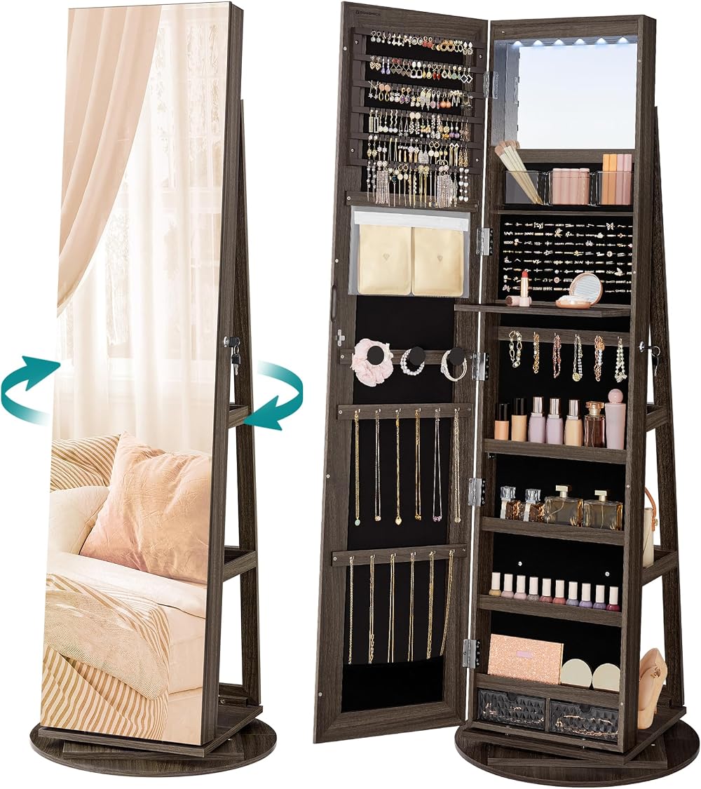 SONGMICS 6 LEDs Mirror Jewellery Cabinet 360° Swivel Lockable Free-Standing