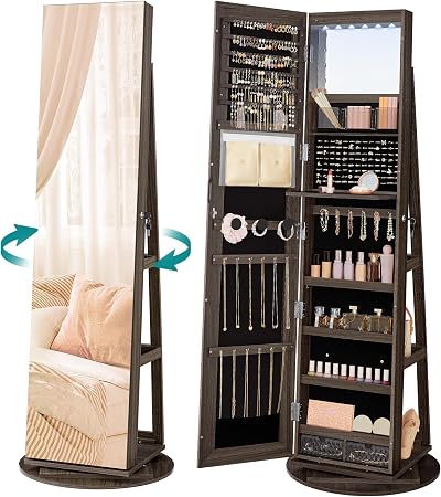 SONGMICS 6 LEDs Mirror Jewellery Cabinet 360° Swivel Lockable Free-Standing
