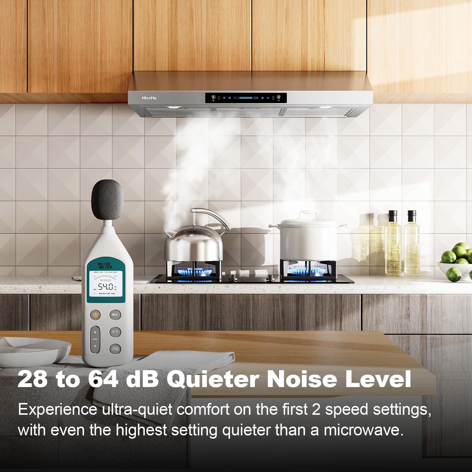 HisoHu 30 Inch Under Ducted Cabinet Range Hood with 1200 CFM, 4 Speed Gesture Sensing Kitchen Exhaust Hood & Touch Control Panel, Stainless Steel Stove Vent Hood with 2 LED Lights