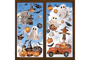 PAIVSUN Halloween Window Clings Decal, Window Stickers for Halloween and Fall, Halloween Decoration with Pumpkin Bat Ghosts Scarecrow for Home/Office/School Windows