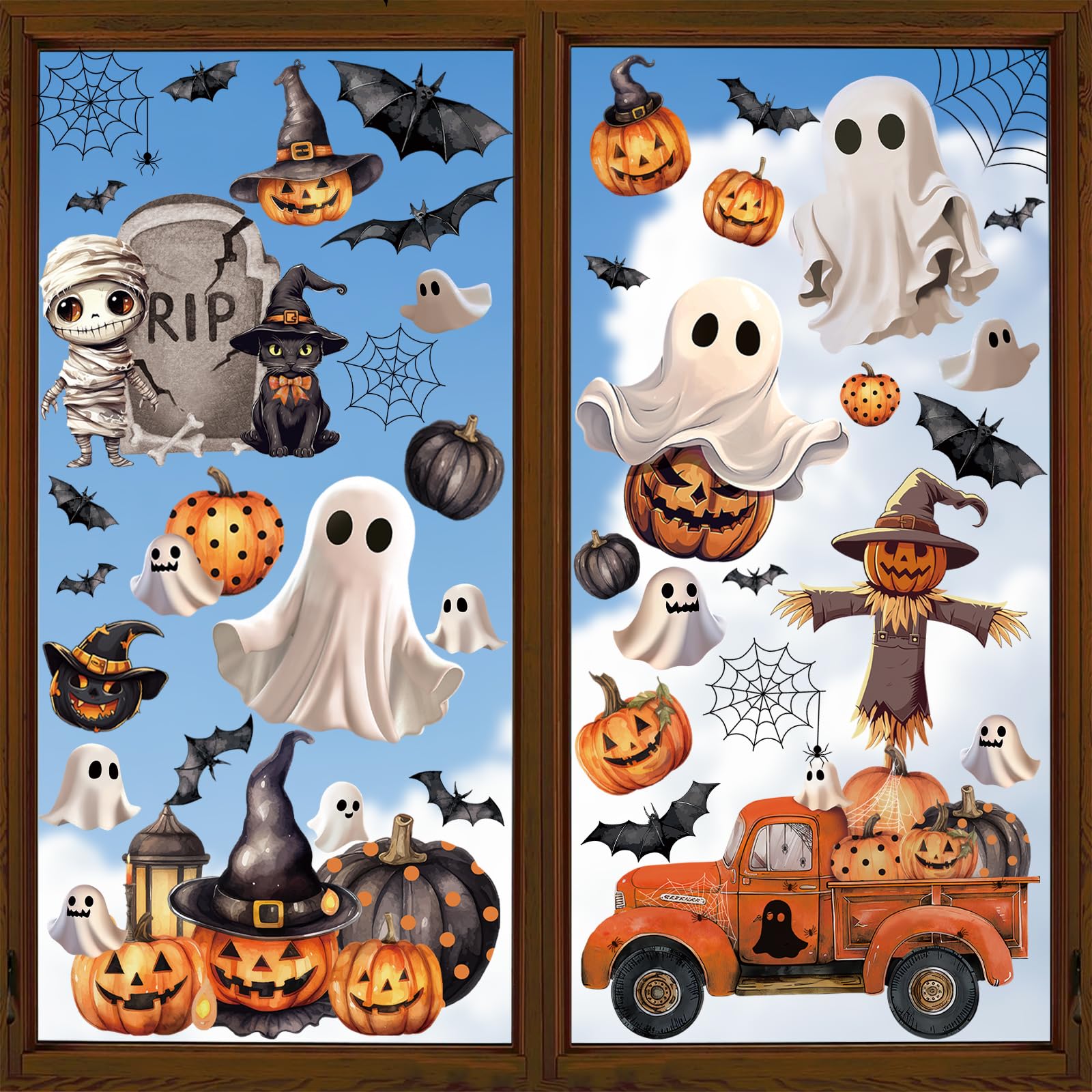 Halloween Window Clings Decals, Window Stickers Decorations with Pumpkin Ghosts Bats for Halloween Fall Home Classroom Decor