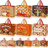 Sweetude 12 Pcs Thanksgiving Gift Bags with Handles 13 Inch Large Non-woven Tote Bags Fall Reusable Maple Scarecrow Pumpkin Party Gift Wrapping for Thanksgiving Autumn Harvest Party Favors