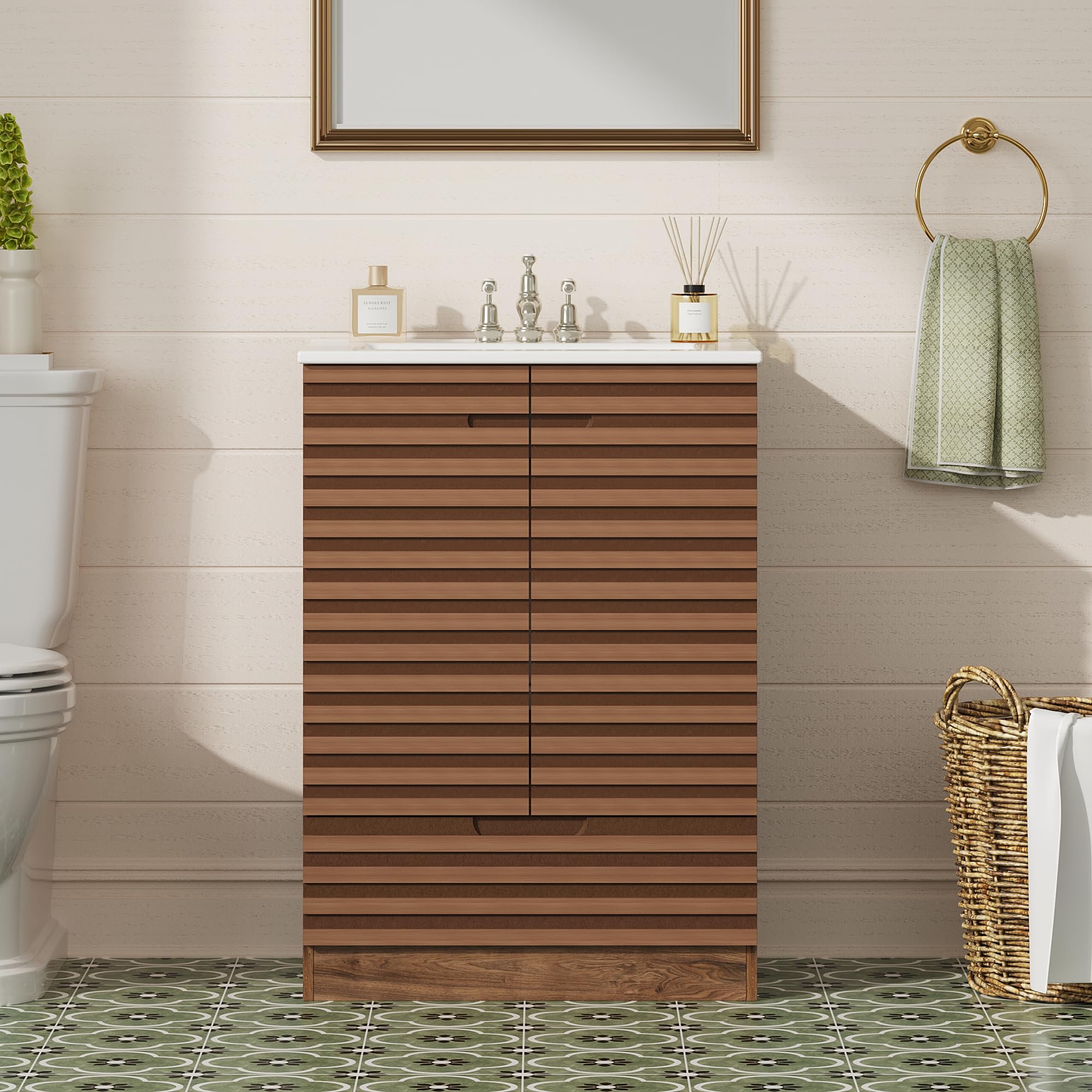 Photo 1 of **It's unknown if it's missing parts and used; it's also unknown if it works 100%.****Sweetcrispy 24" Modern Bathroom Vanity with Ceramic Basin, Undermount Vanity Sink Cabinet with 2 Doors and 1 Drawer, Free Standing Bathroom Storage Cabinet with Sink Com