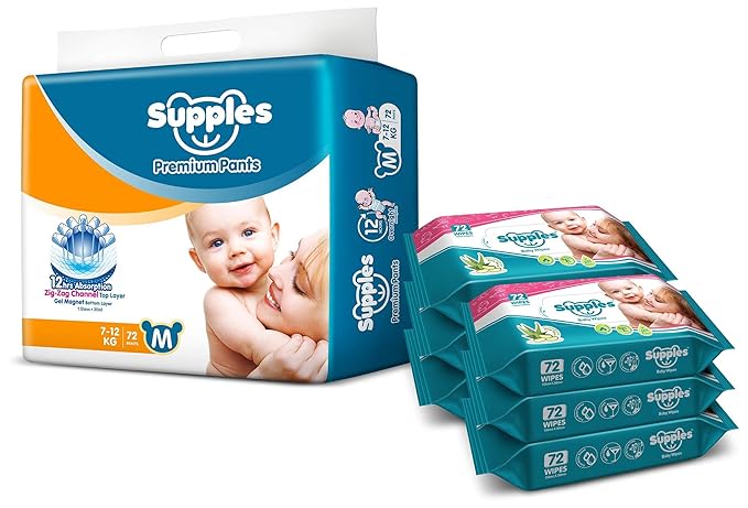 Supples Baby Pants Diapers, Medium, 72 Count with Wet Wipes (Pack of 6)
