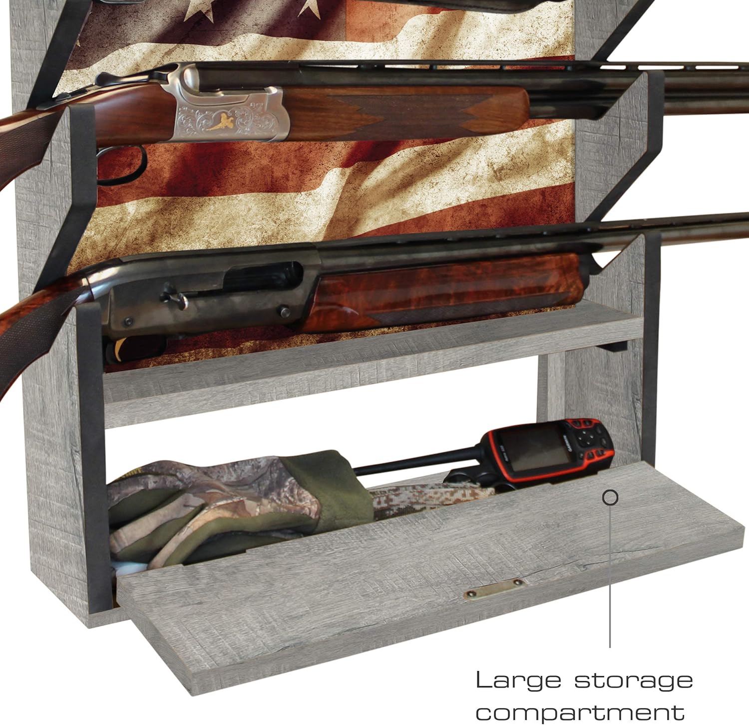 Rush Creek Creations Indoor 4 Rifle and Shotgun Wall Storage Americana Display Rack - Features Storage Compartment for Accessories: Sports & Outdoors