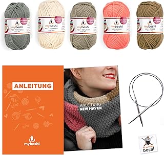 myboshi Strick-Set Schal New Haven | aus No.1 | Anleitung + Wolle | mit passender Stricknadel | Strick-Schal-Set | Titangrau Elfenbein Schlamm Rouge Ocker