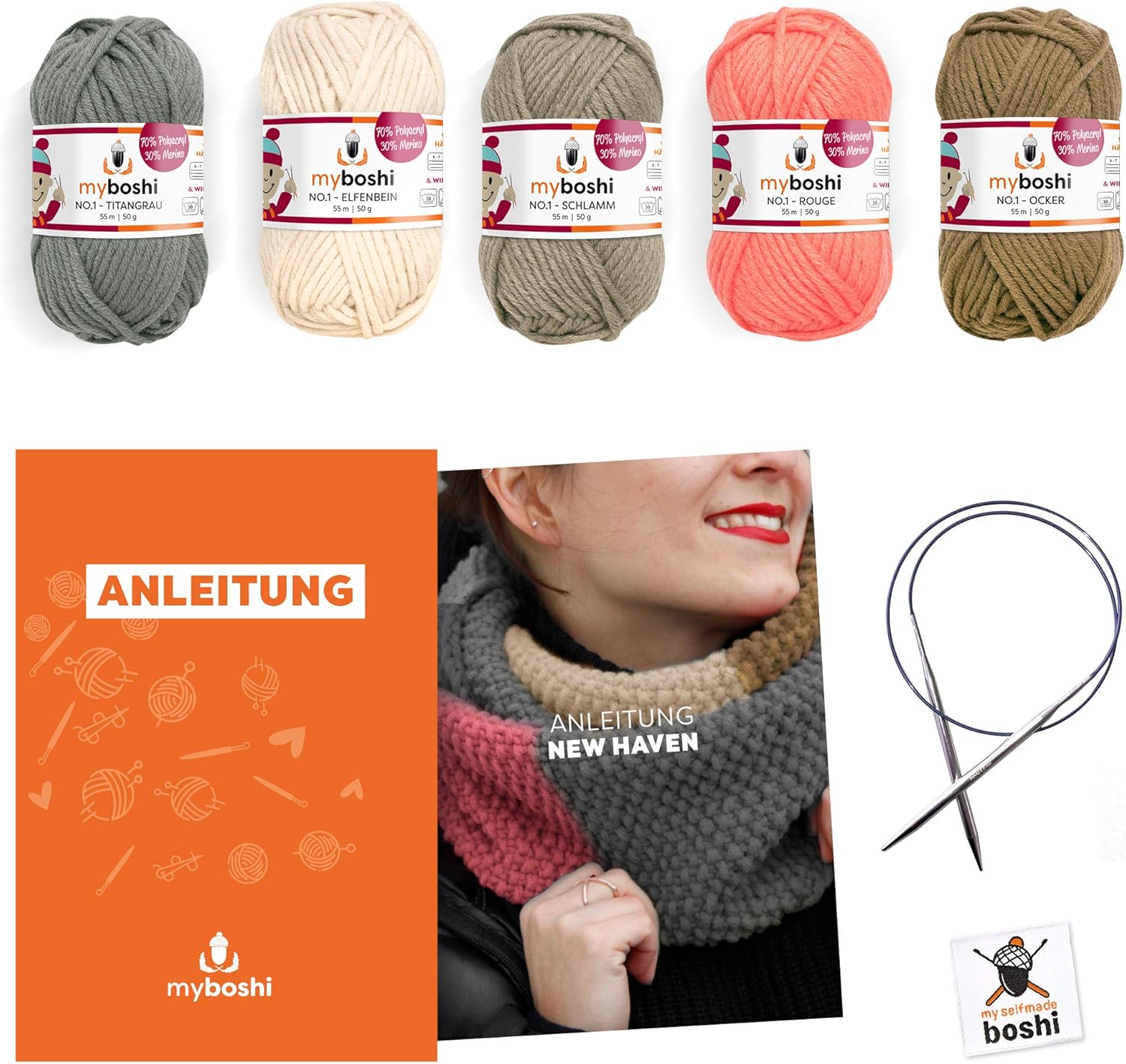 myboshi Strick-Set Schal New Haven | aus No.1 | Anleitung + Wolle | mit passender Stricknadel | Strick-Schal-Set | Titangrau Elfenbein Schlamm Rouge Ocker