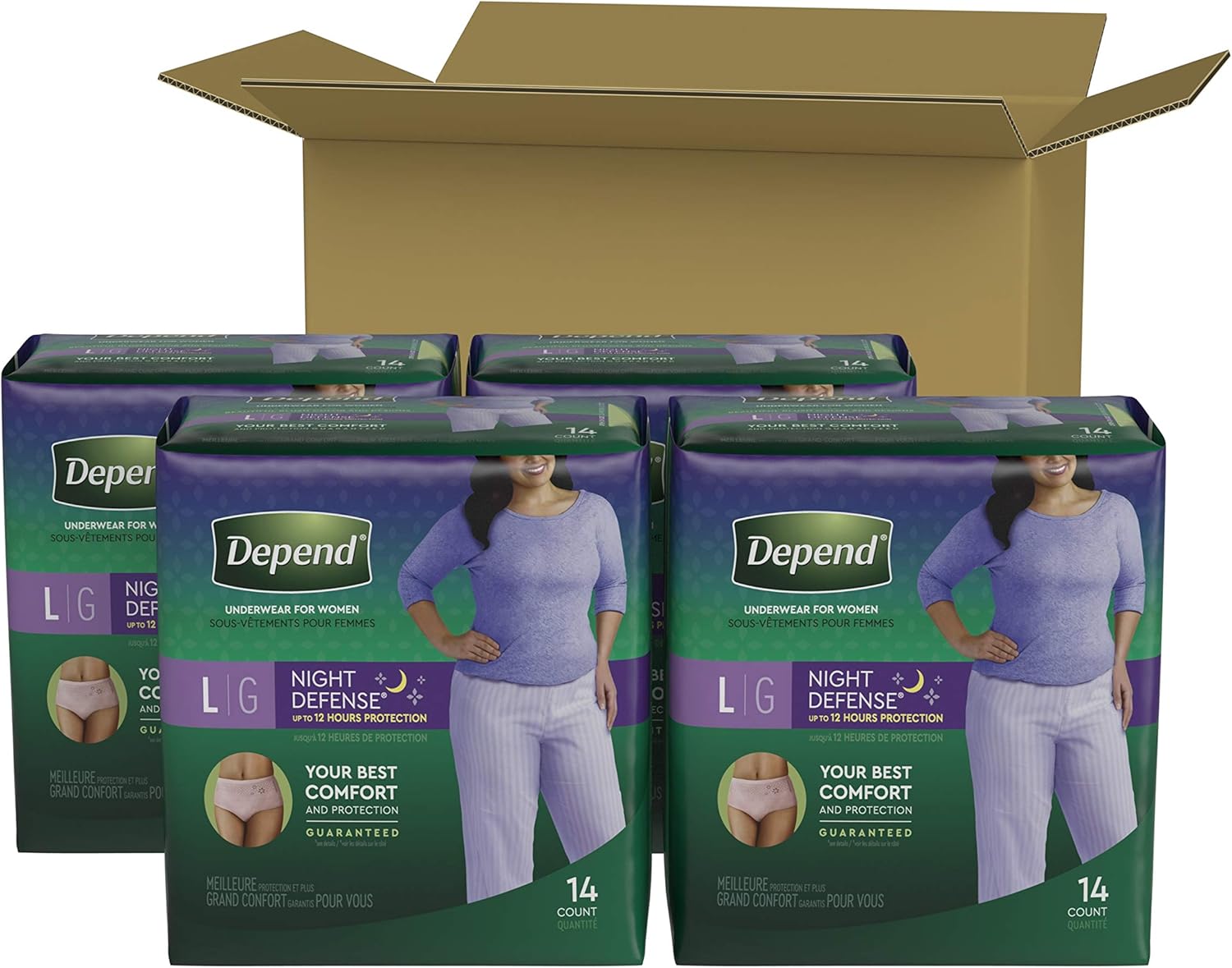Depend Night Defense Incontinence Underwear for Women, Disposable, Overnight, Large, Blush, 56 Count (4 Packs of 14) (Packaging May Vary): Health & Personal Care