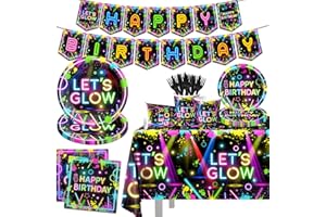 HAKOTI Neon Party Supplies,142Pcs Let Glow Party Decorations Including Disposable Paper Plates,Cups,Tablecloths, Glow in the Dark Theme Decoration for Birthday Baby Shower Party
