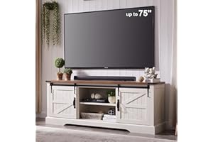 OKD Farmhouse TV Stand for 75 Inch TV with Sliding Barn Door, Rustic Wood Entertainment Center Large Media Console Cabinet Long Television Stands for 70 Inch TVs, Antique White