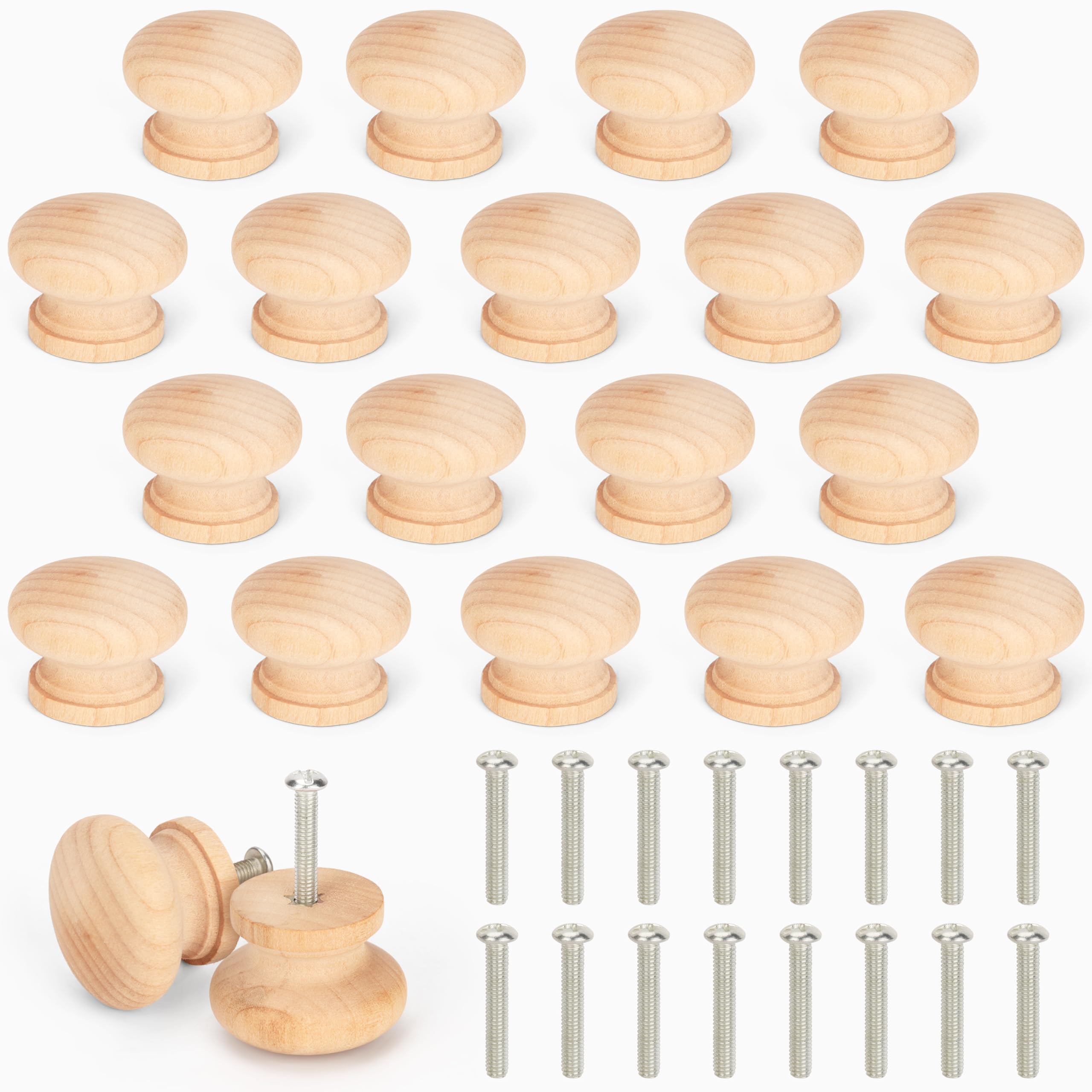 Belle Vous Round Unfinished Wood Knobs with Screws (20 Pack) - 3.4x2.5cm - Natural Birch Door & Cabinet Hardware