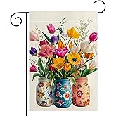 Spring Summer Colorful Floral Mason Jar Garden Flag 12x18 Inch Double Sided Tulip Daffodil Flower Yard Outdoor Flag House Holiday Outside Decoration
