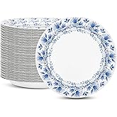 Charmount Blue Flower Printed Paper Plates - Bulk 8.5 Inch, 150pcs, Soak & Cut Proof for Parties & Daily Use